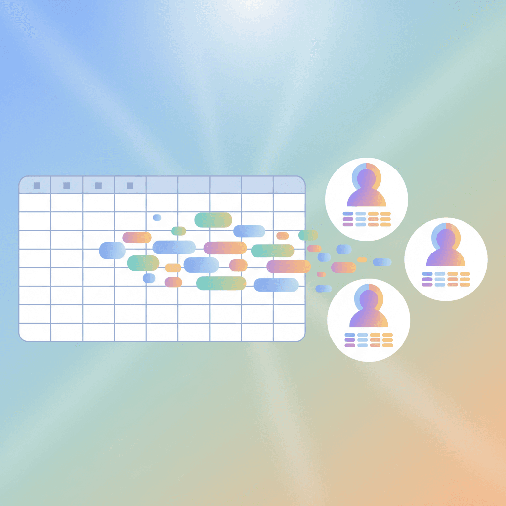 Illustration of spreadsheet data flowing into organized customer profiles