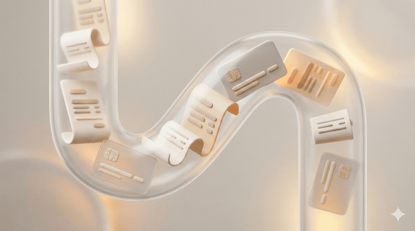 Soft 3D illustration of invoices flowing through a trusted system